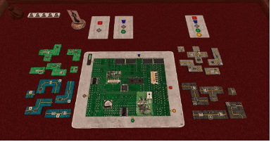 digital tabletop showing the board, polyomino tiles, cards, tokens and standee pieces of the 14 Frantic Minutes prototype