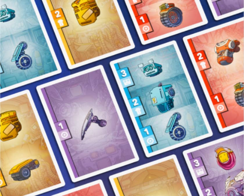 close up of Robo Rescue Origins cards showing robot components and numbers along the sides of cards