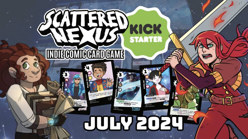 Scattered Nexus. indie comic card game. Kickstarter July 2024.