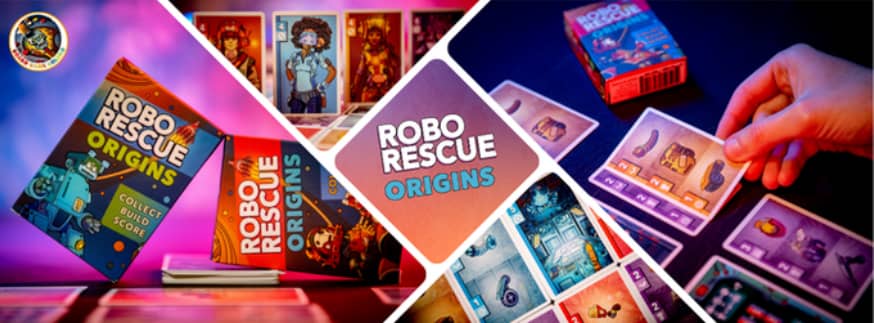 Robo Rescue Origins shown with box and cards on table