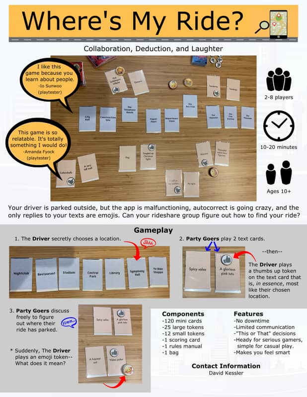 Where's my Ride? Collaboration, Deduction, and Laughter-- 2-8 players, 10-20 minutes, Ages 10+, Your driver is parked outside, but the app is malfuctioning, autocorrect is going crazy, and the only replies to your texts are emojis.  Can your rideshre group figure out how to find your ride?