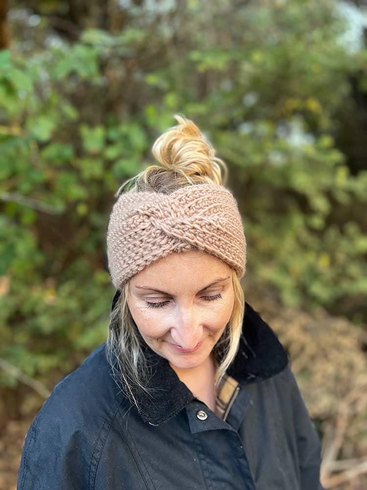 Louise wearing a crochet twist headband