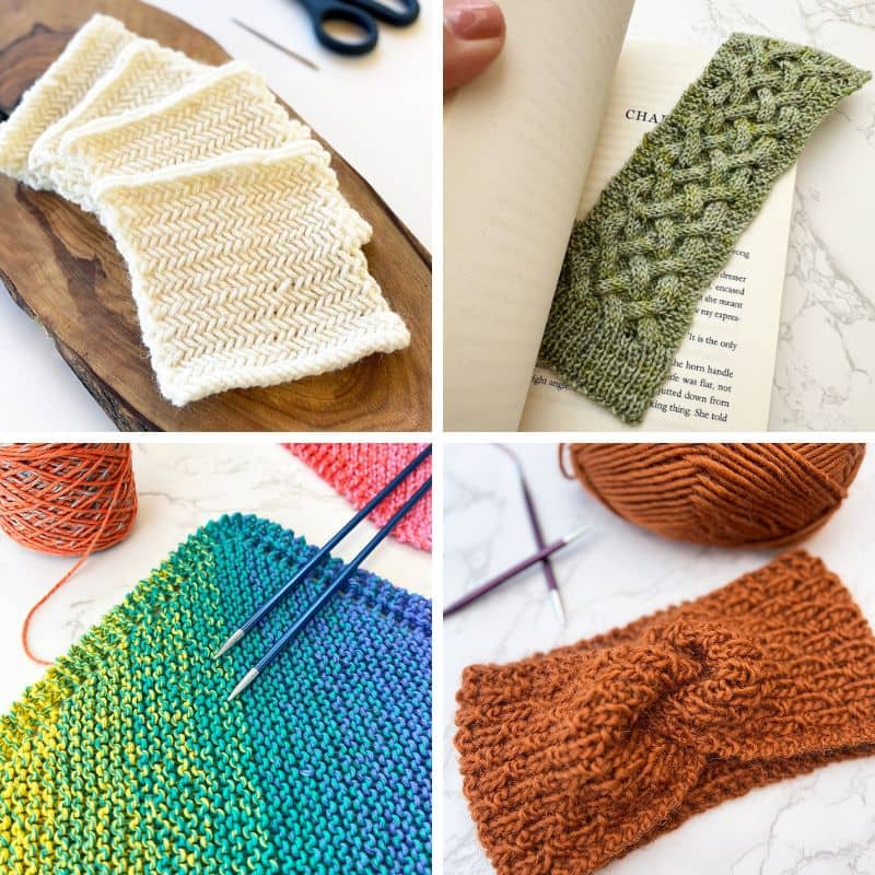 collage of quick knitted small projects