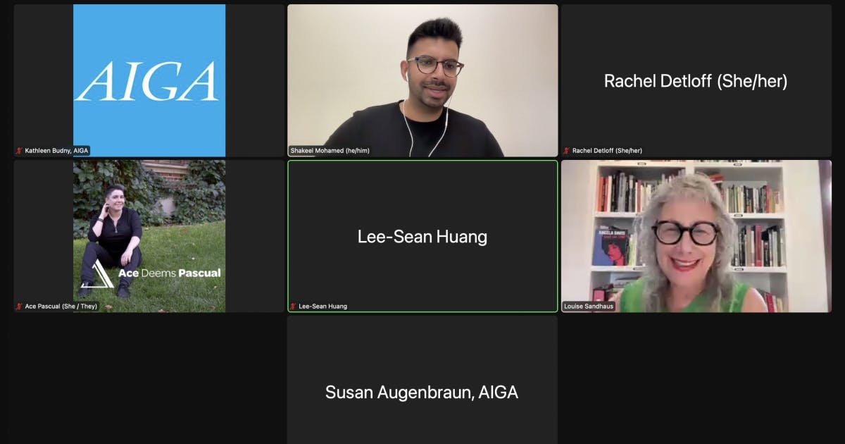 A screenshot of a Zoom meeting for AIGA where Shakeel Mohamed is presenting his design portfolio