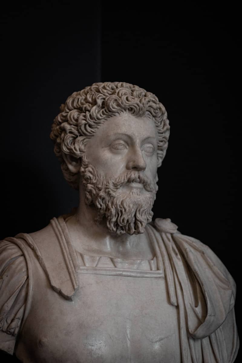 A marble bust of a man with a beard