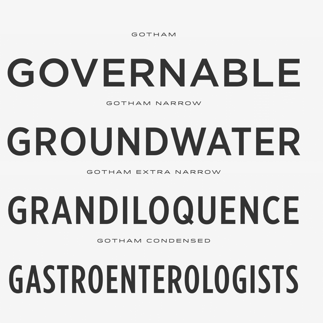ype specimen showing four widths of the Gotham typeface family, each displaying a different word: "Governable" in Gotham standard width, "Groundwater" in Gotham Narrow, "Grandiloquence" in Gotham Extra Narrow, and "Gastroenterologists" in Gotham Condensed—demonstrating how the letterforms adapt across increasingly compressed proportions.