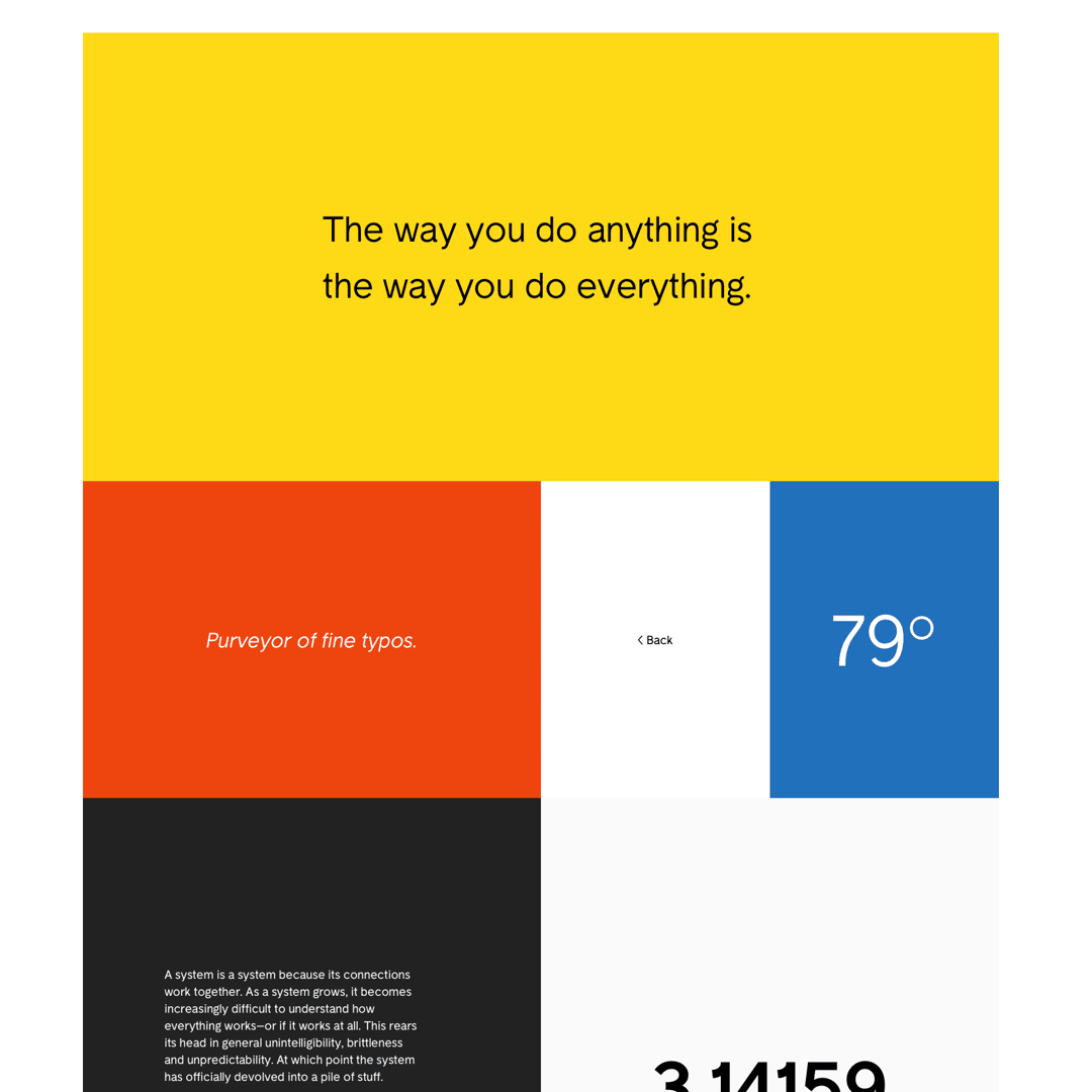 Grid-based web layout showcasing Olivia Sans in use across different typographic contexts — a large quote reading "The way you do anything is the way you do everything" on a yellow field, the tagline "Purveyor of fine typos." on red, a weather display reading "79°" on blue, and a dense paragraph of body text on white, demonstrating the typeface's range from display to text sizes.