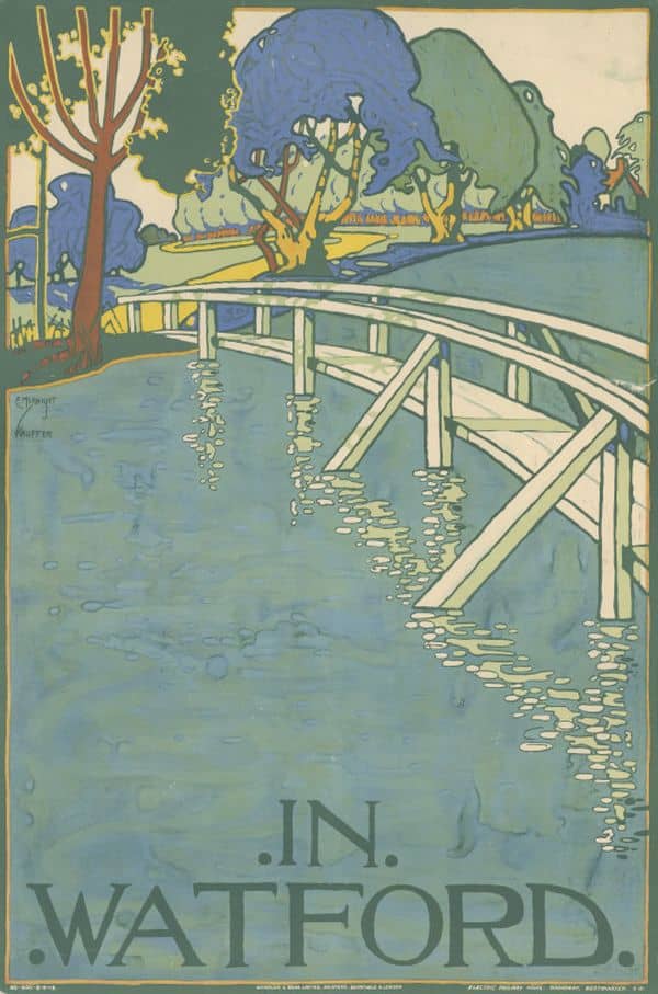 Top half of a Vintage London Underground poster by E. McKnight Kauffer depicting a serene view of a wooden bridge over calm water in Watford, with stylized trees in muted blue-greens and yellows