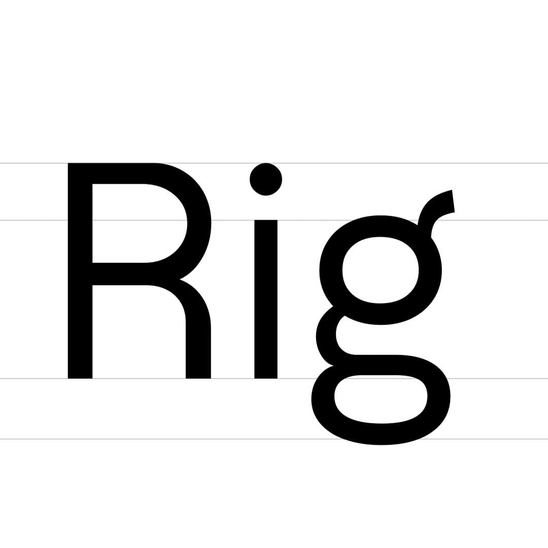 Type specimen showing the letters "Rig" set in Olivia Sans, highlighting the typeface's distinctive features — the high-contrast stroke weight of the capital R, the clean dotted lowercase i, and the rounded double-storey g with an open loop.