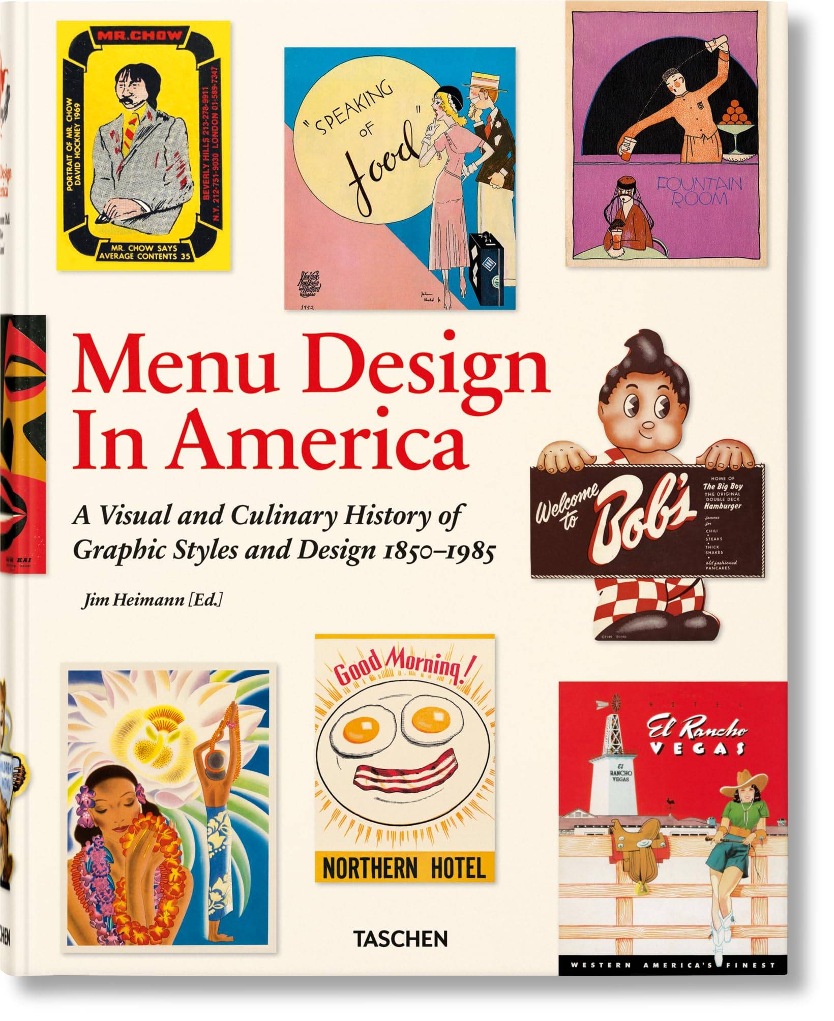 Menu Design in America' book cover showcasing the evolution of American restaurant graphic design through vintage menus spanning Art Deco, mid-century modern, and pop culture aesthetics
