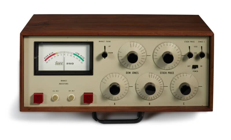 A vintage ISCC 250 stock market indicator device in a walnut wood case with cream-colored metal faceplate. Features an analog meter displaying "High Risk" to "Low Risk" scale, five rotary dials labeled for Dow Jones and Stock Price settings, red and cream colored push buttons, and a black carrying handle.