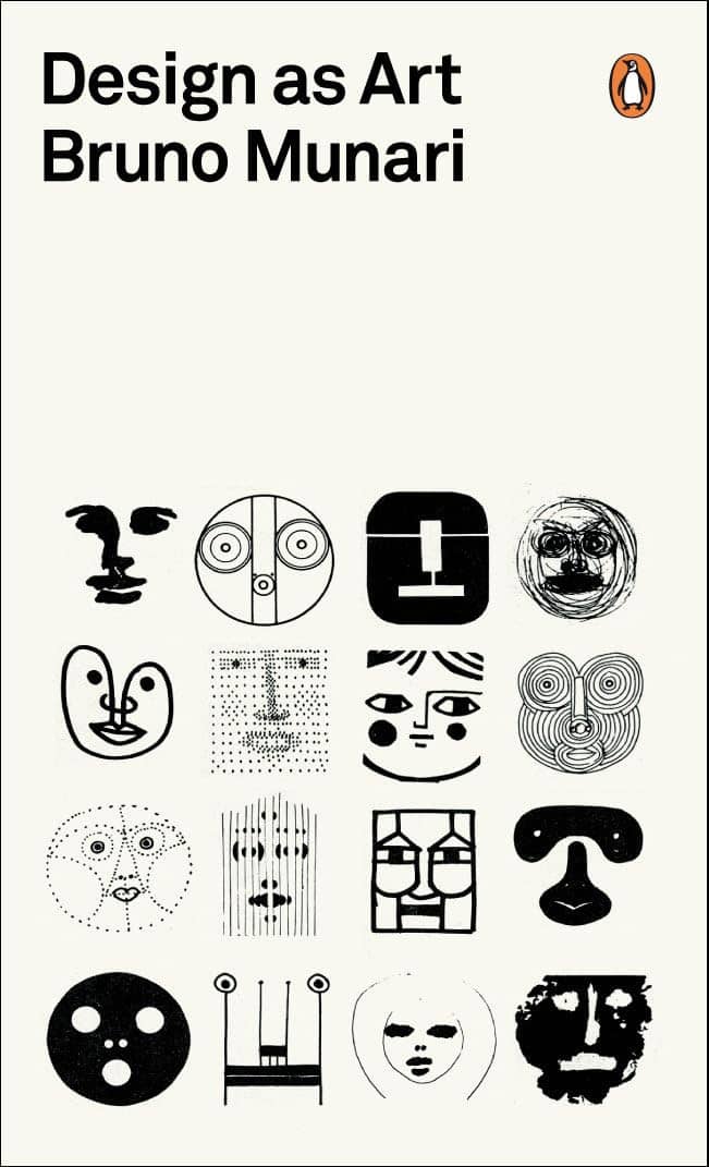 Book cover of "Design as Art" by Bruno Munari, published by Penguin. The cream-colored cover displays a 4x4 grid of abstract black and white face illustrations, each rendered in different graphic styles—from minimalist line drawings to bold geometric shapes to dotted patterns—demonstrating the playful visual experimentation Munari was known for.