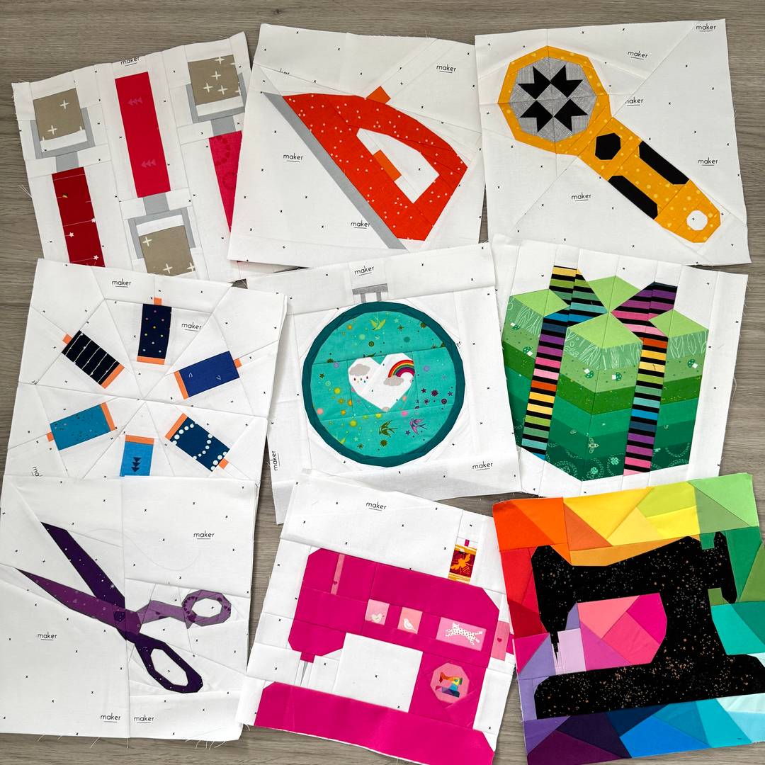 nine foundation paper pieced blocks in bright rainbow colours showing various tools and notions found in the sewing room