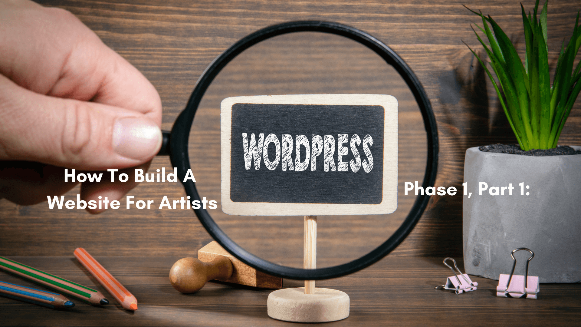 Man's hand holding a magnifying glass with the word "WordPress" showing through it.