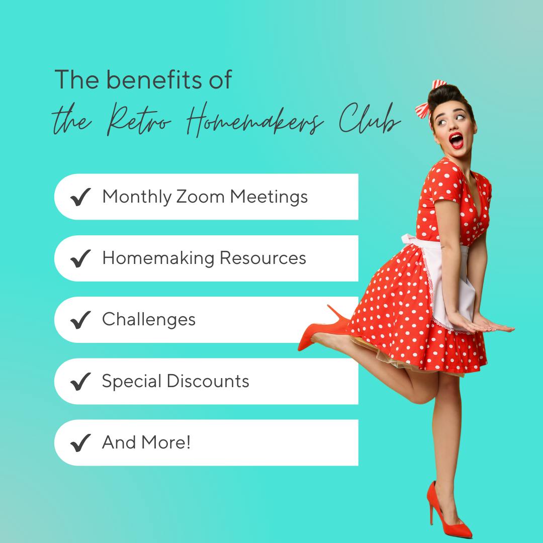 Retro woman with benefits of the Retro Homemakers Club listed