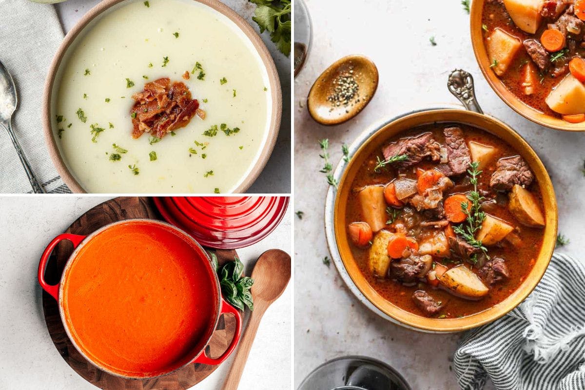collage of vintage soups in bowls