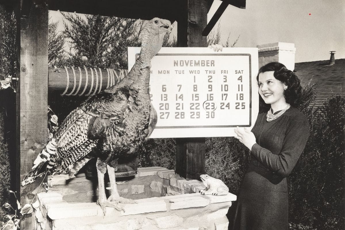1940s housewife with turkey holding a calendar