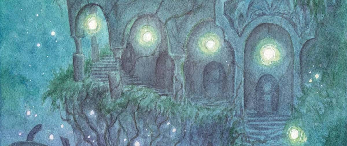 Watercolor painting in greens and blues of a winding stone staircase leading into a crumbling overgrown ruin lit by orbs of magic. 