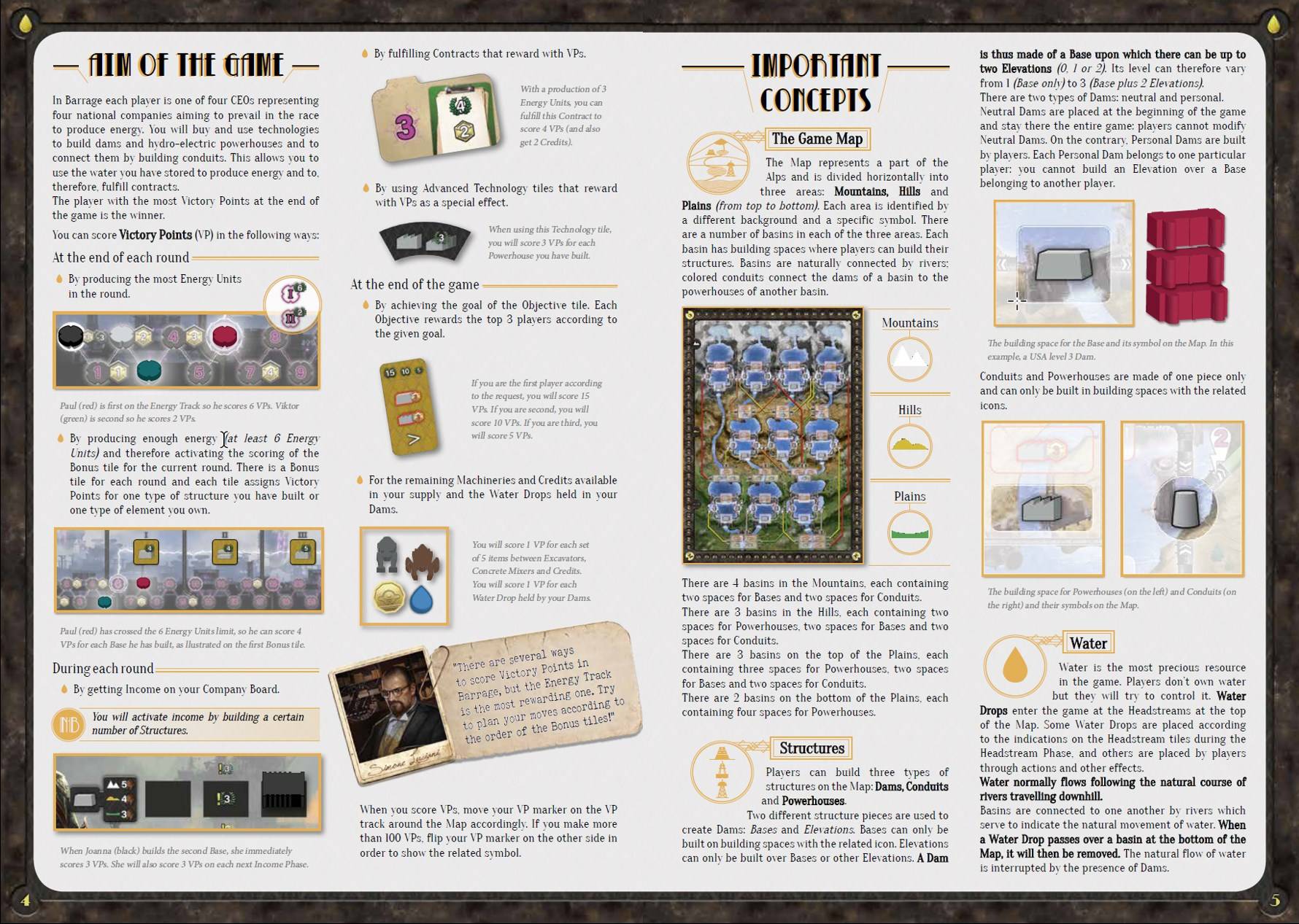 Two page spread from a board game rulebook using words, pictures, and graphics to present the aim of the game and important concepts from the game