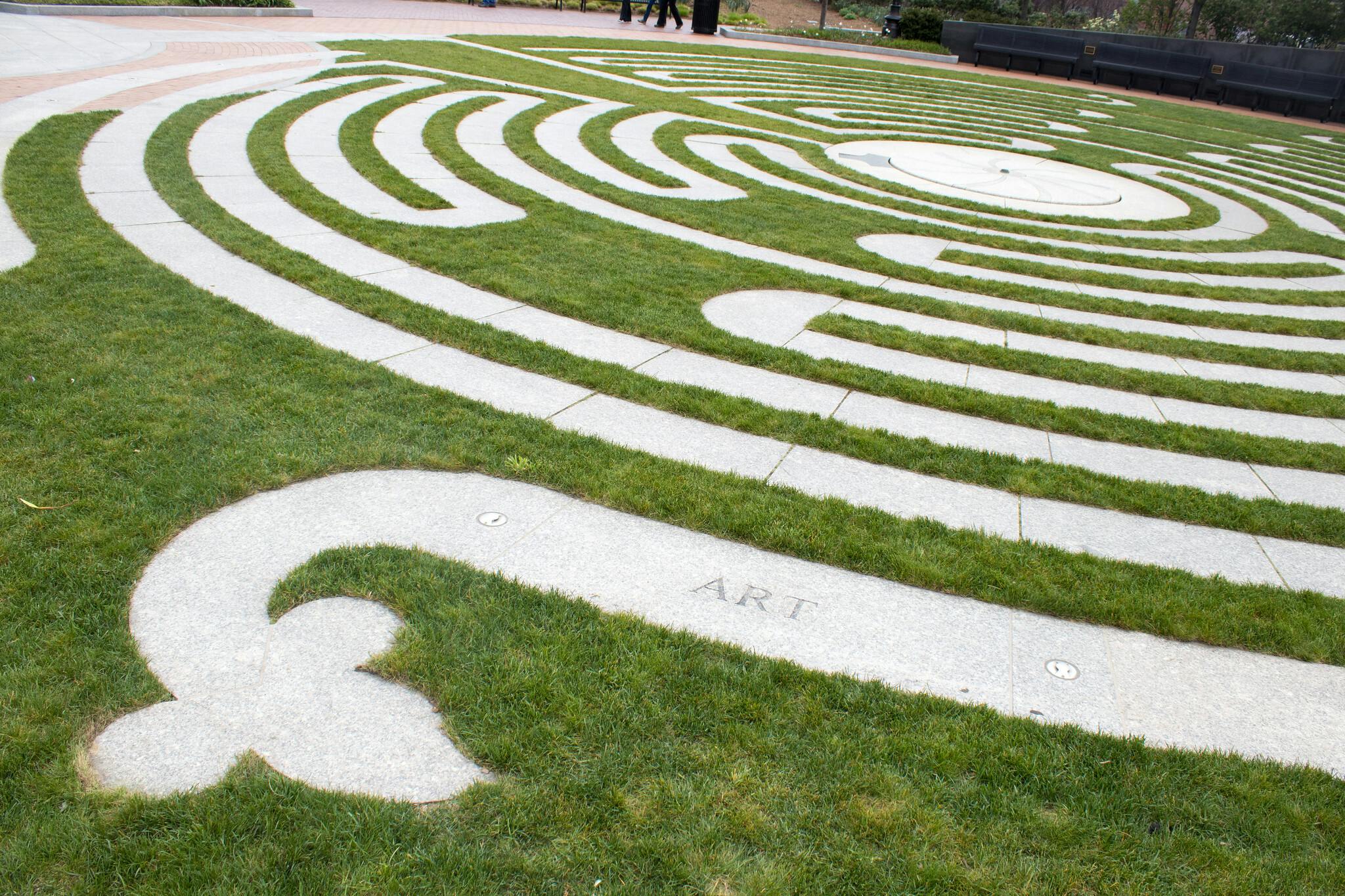 Labyrinth made of a path cut through grass