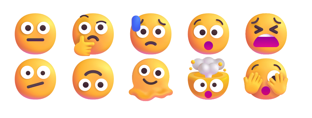 A set of ten emoji faces, all showing various states of confusion