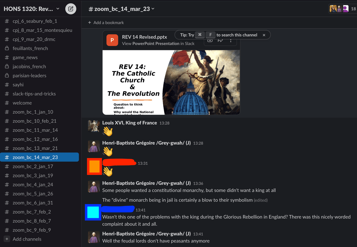 Screenshot from one of the daily channels in Julia Gossard's "Revolutions" Slack