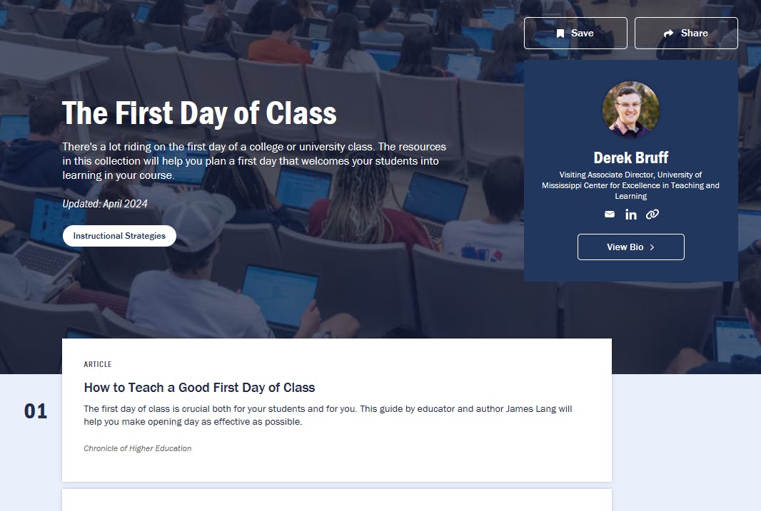 Screenshot of "The First Day of Class" collection on Teaching Hub