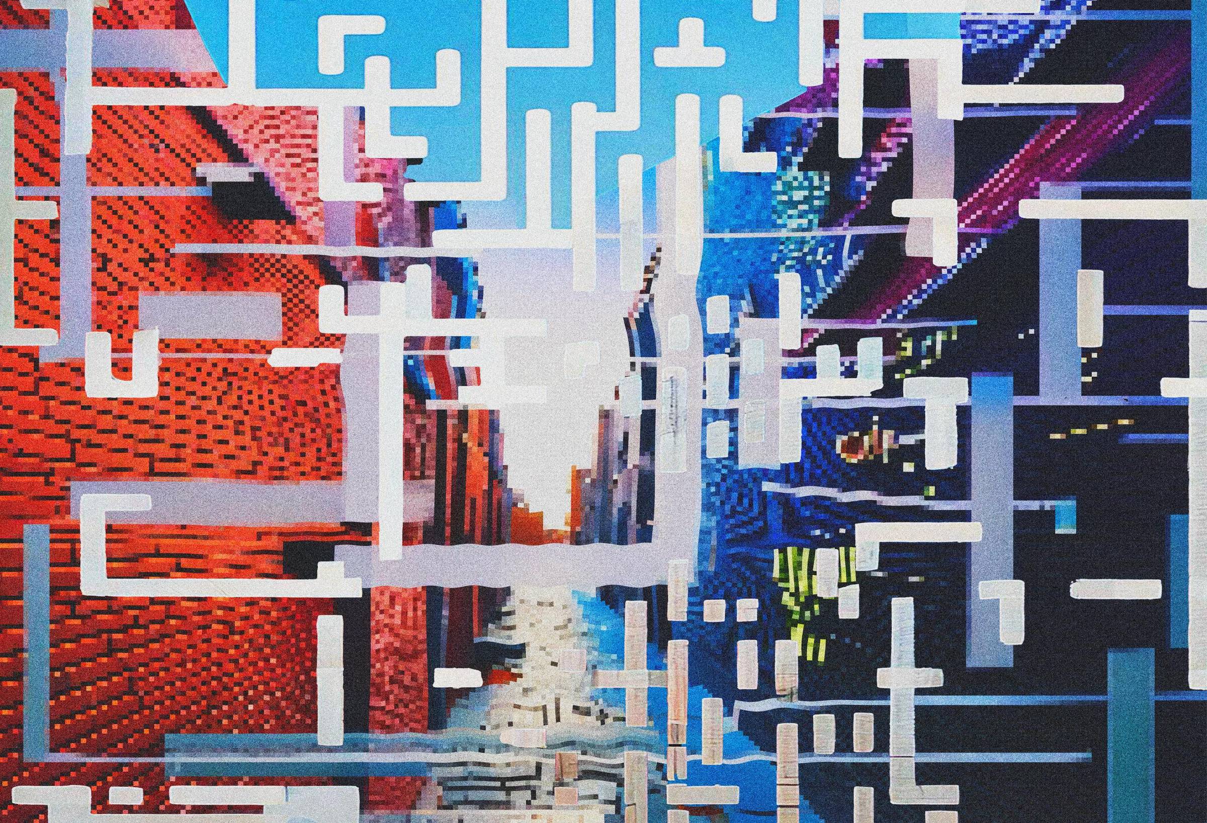 This image features 3 images of a street. Overlying the image are different shapes which are arranged to look like QR code symbols. These are in white/blue colours and intersect one another. The first image is clear, but the second is slightly more pixela