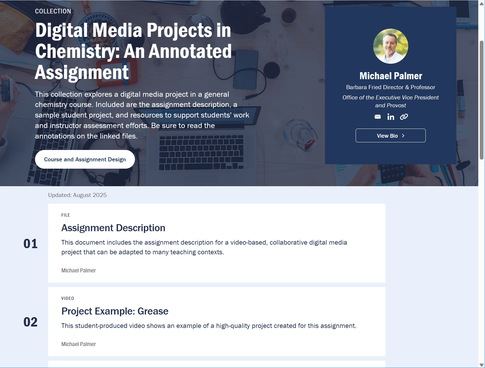 This is a screenshot of Michael's new collection. You can see the title, "Digital Media Projects in Chemistry: An Annotated Assignment," along with the first two resources in the collection, the assignment description and sample assignment. There's also a small photo of Michael Palmer on the side.