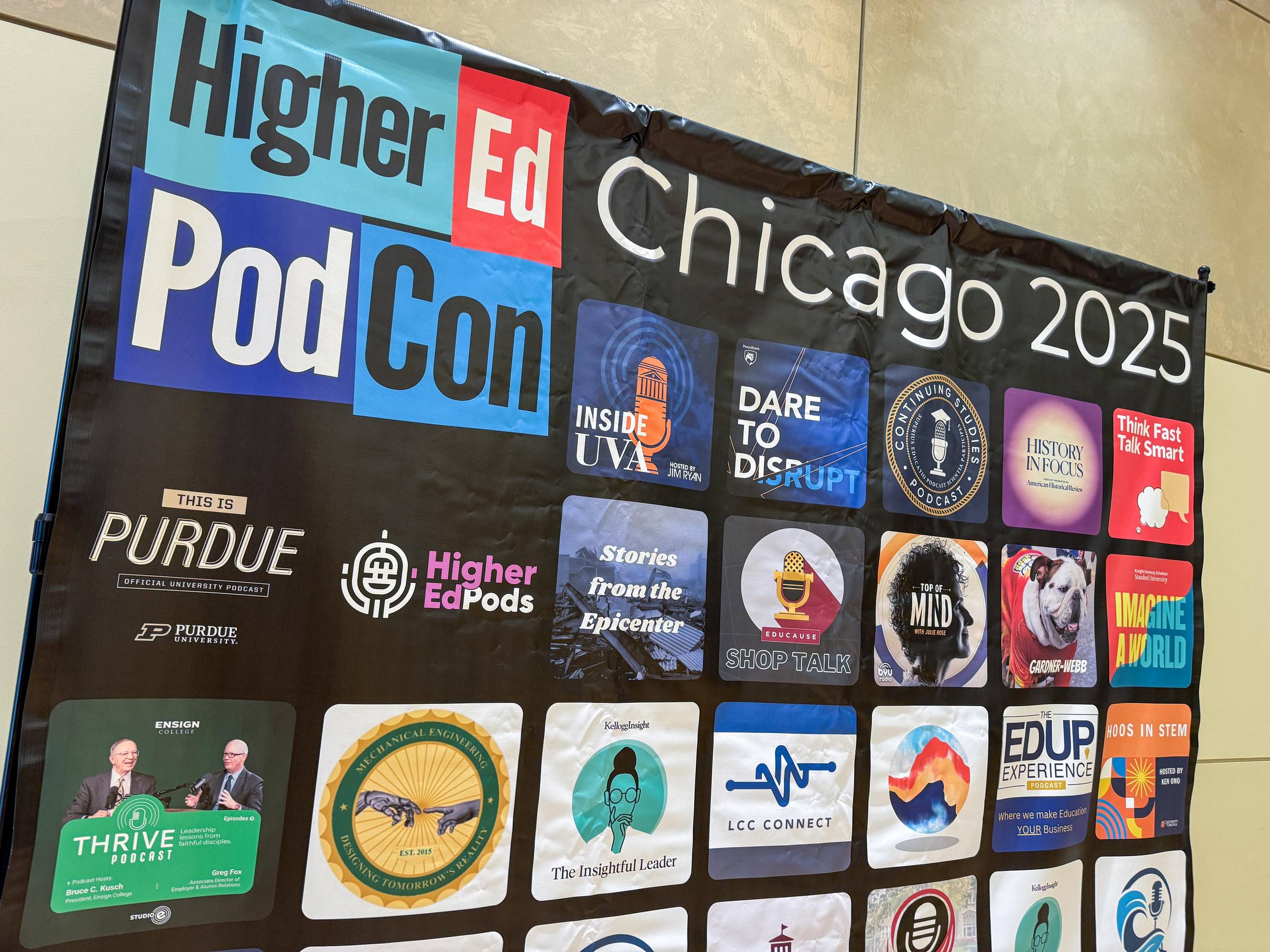 HigherEd PodCon banner featuring logos of dozens of higher ed podcasts