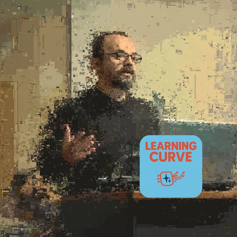 Highly digitized image of a white man with glasses and a beard apparently lecturing, with pixels spreading out from the central image almost like a cloud of dust around the man. The Learning Curve logo is visible in the lower right of the image.