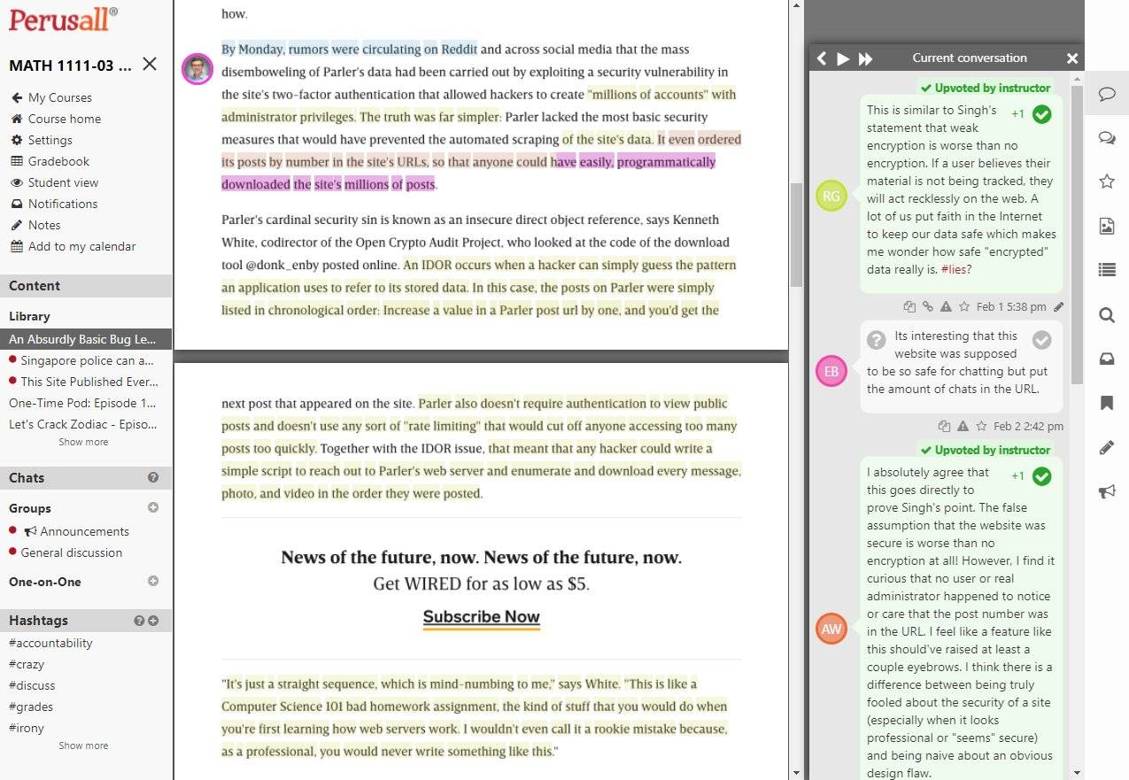 Screenshot of a news article in Perusall, with highlights and annotations made by students