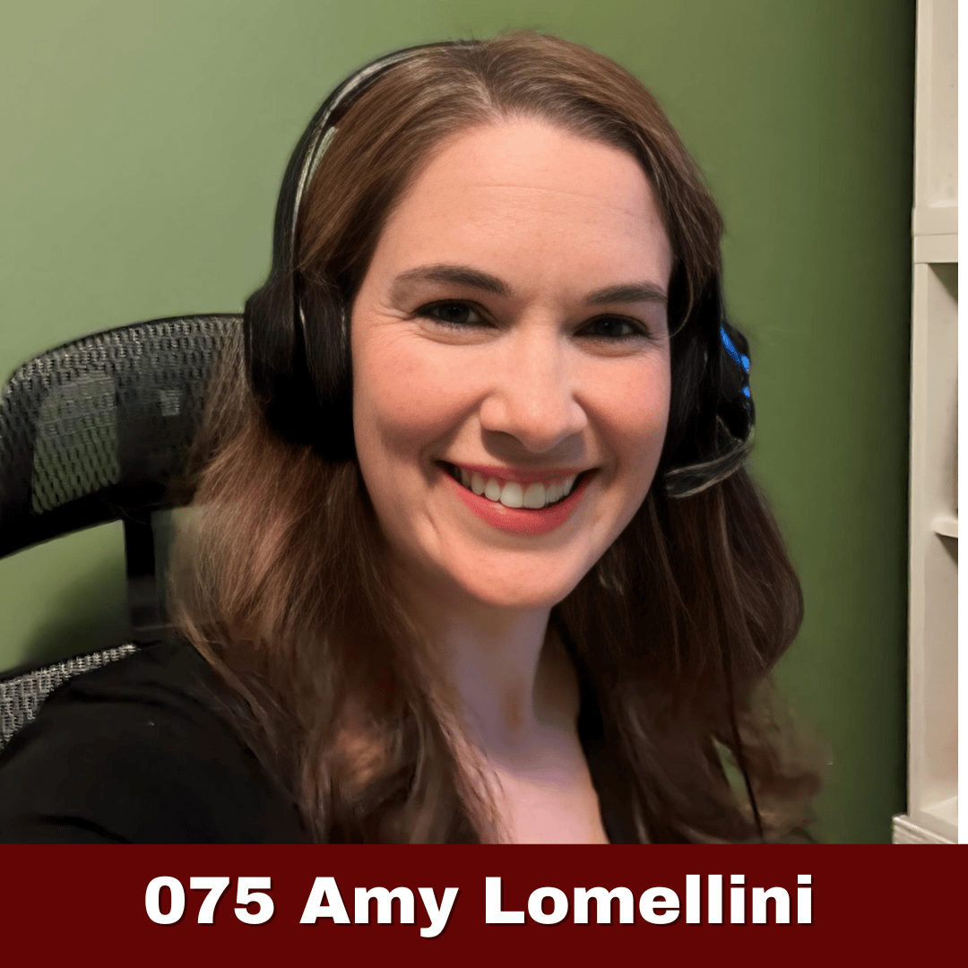 Amy Lomellini sits in an office chair wearing a headset, looking at the camera and smiling. The label reads "075 Amy Lomellini."