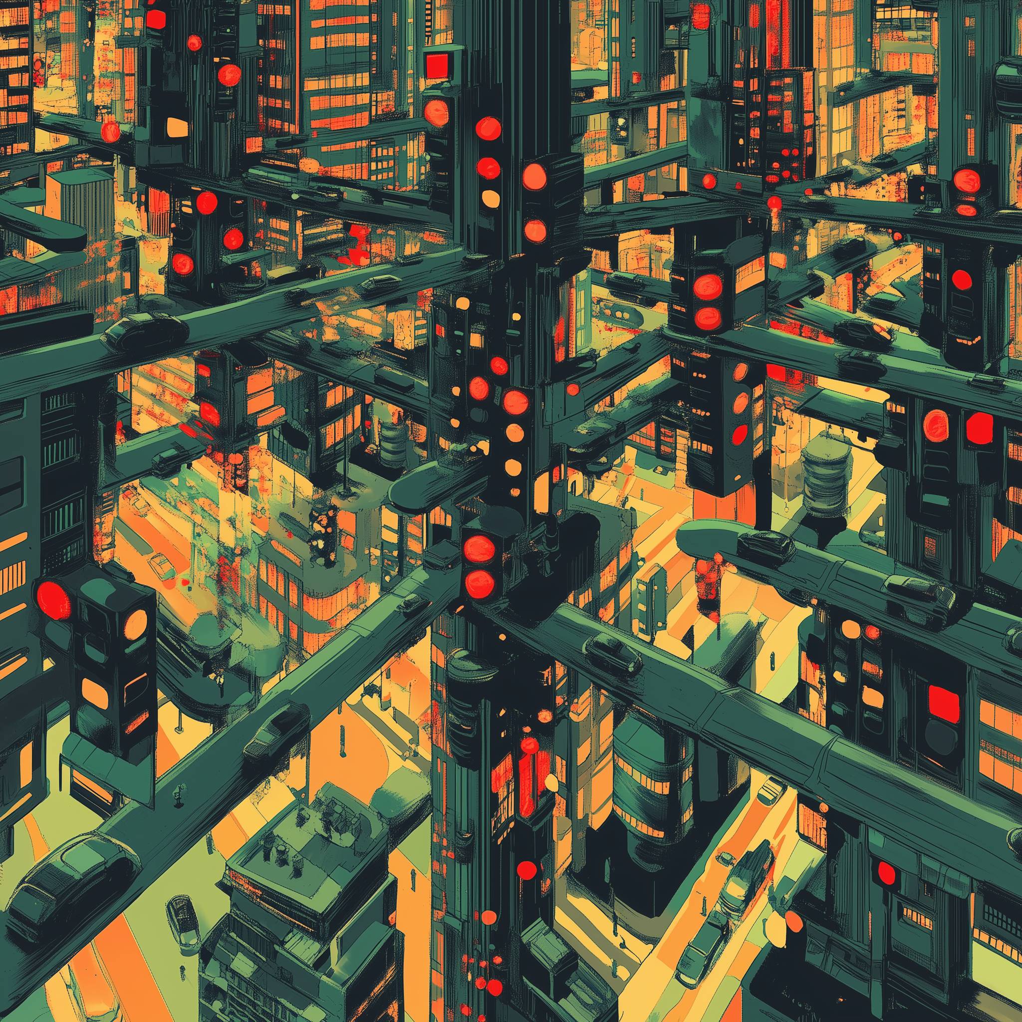 Midjourney image generated from this prompt: an intersection of uncountably many streets with hundreds of traffic lights, some showing red, some showing green, in a near-future sci-fi M.C. Escher style