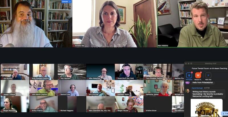 Screenshot of the Future Trends Forum meeting on Zoom. Bryan, Annette, and Marc are in larger windows on top row. Derek and a couple of dozen participants are in smaller windows beneath.