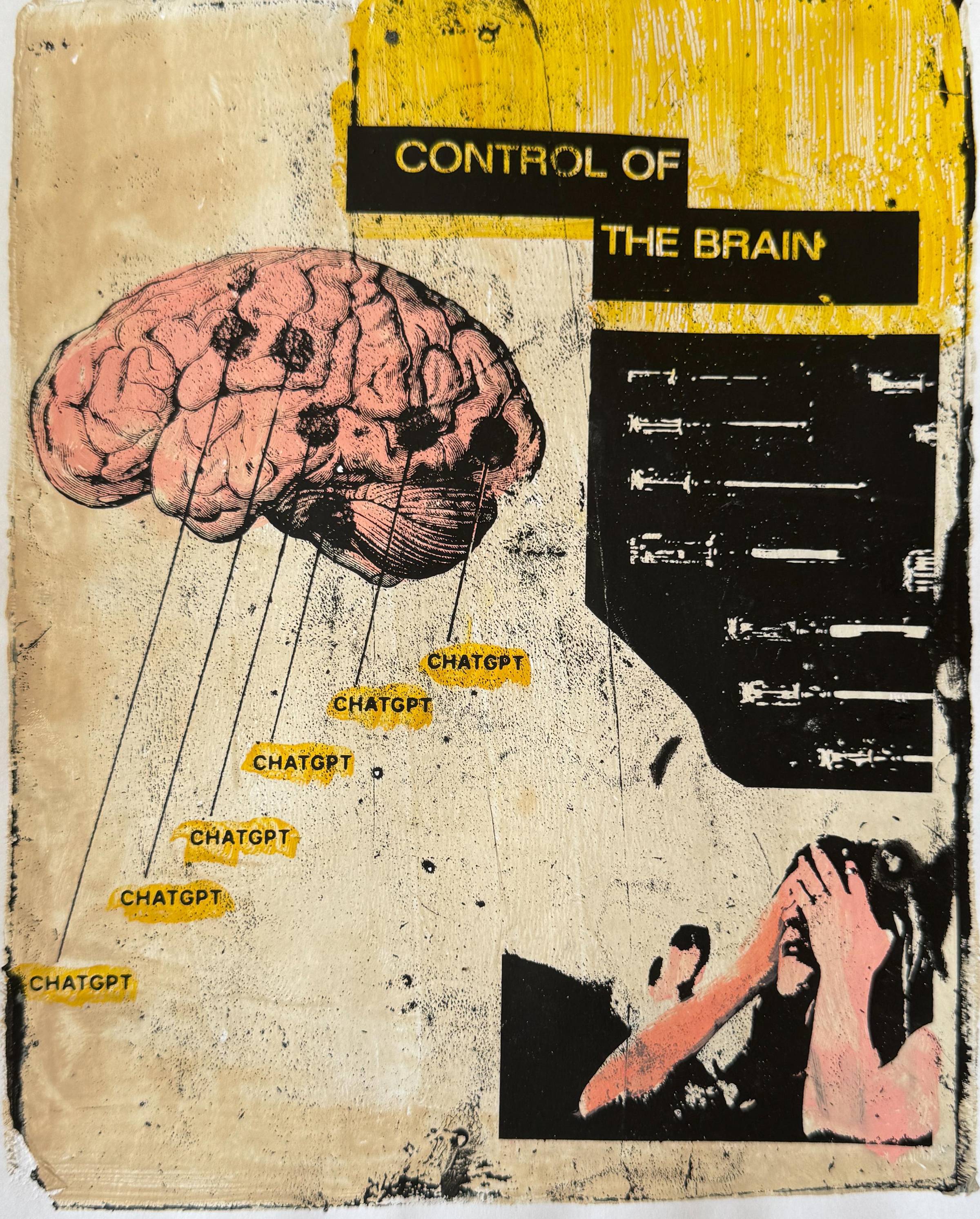 A brain diagram shows ChatGPT has replaced core functions of the brain, while a young girl in the bottom right covers her eyes in horror. Degraded imagery of screwdrivers and the words “Control of the Brain” frame the collage.