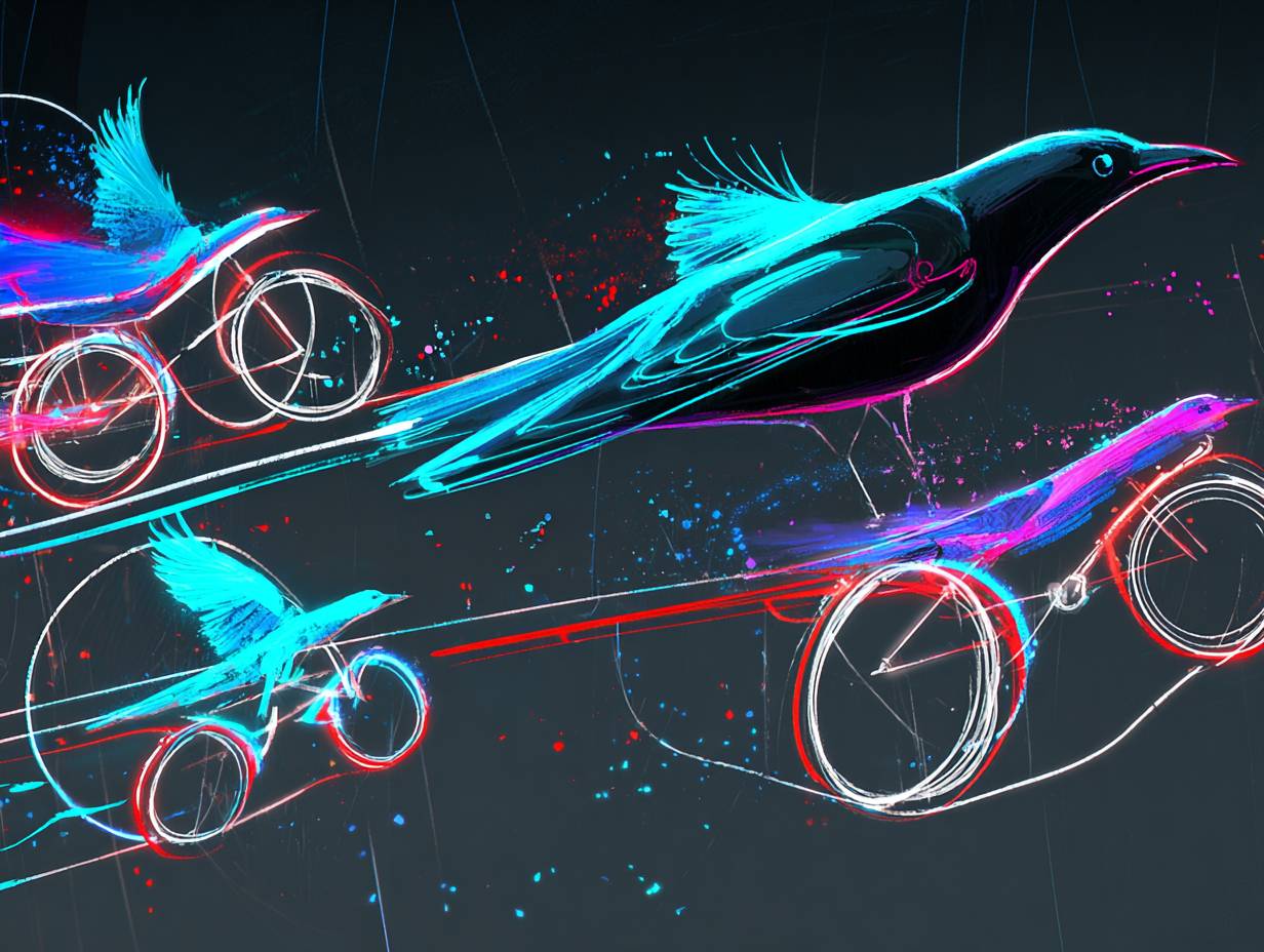Image generated by Midjourney from this prompt: several small birds depicted as light bikes inspired by Tron flying circles around a larger bird, dark mysterious background, very dynamic scene, high contrast, futuristic aesthetic