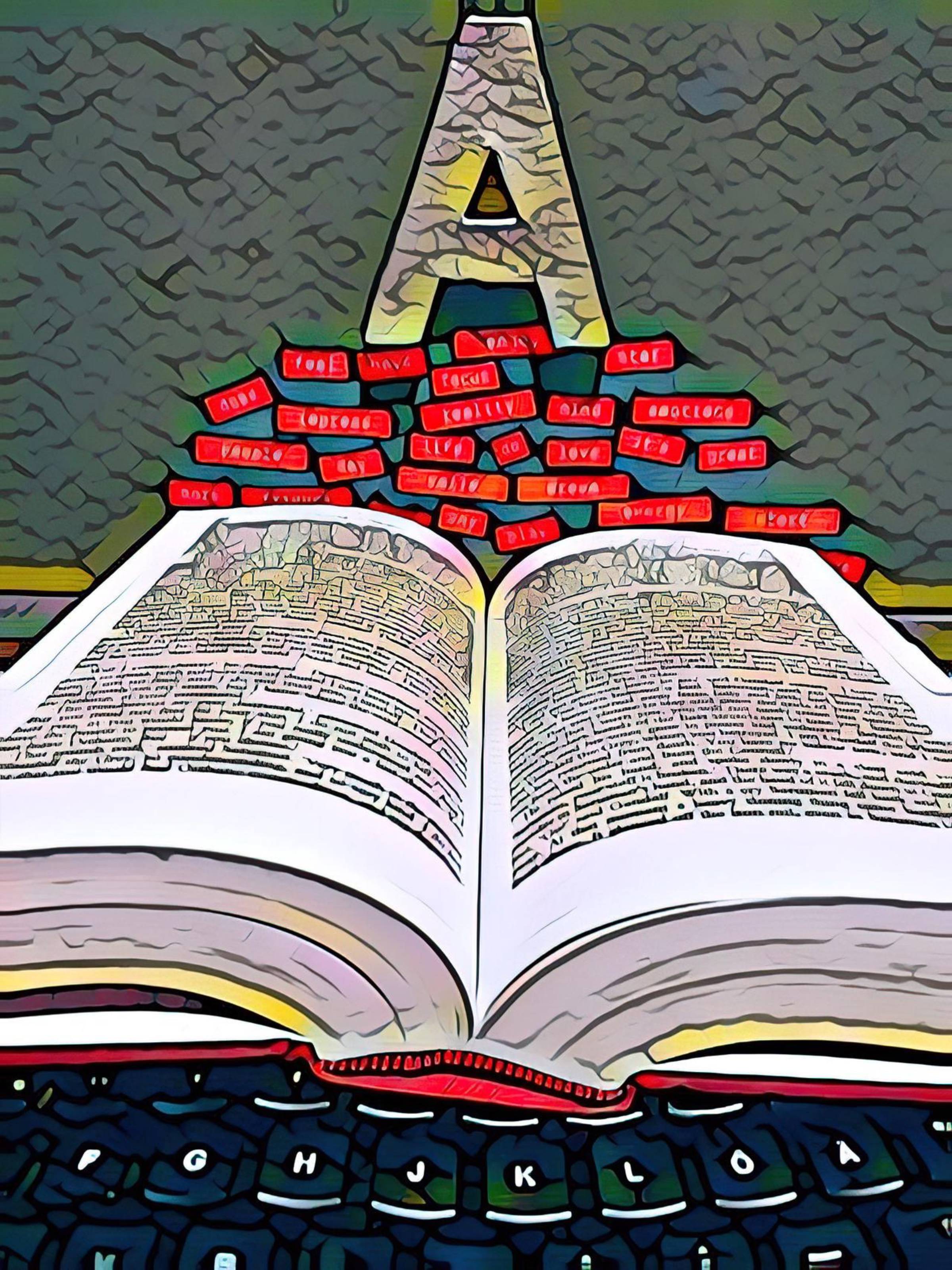 A black keyboard at the bottom of the picture has an open book on it, with red words in labels floating on top, with a letter A balanced on top of them. The perspective makes the composition form a kind of triangle from the keyboard to the capital A. The 