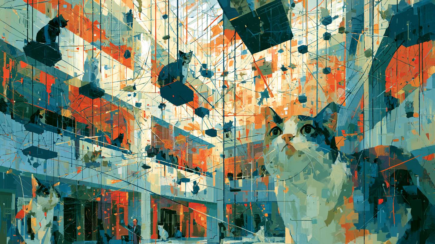Abstract illustration of cats occupying every corner of a sprawling, interconnected network suspended through a large academic building. The image serves as a visual metaphor for the difficulty of aligning many independent perspectives during curriculum r