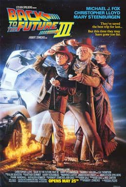 Movie poster for Back to the Future III with the stars, including Mary Steenburgen, standing next to the DeLorean looking surprised