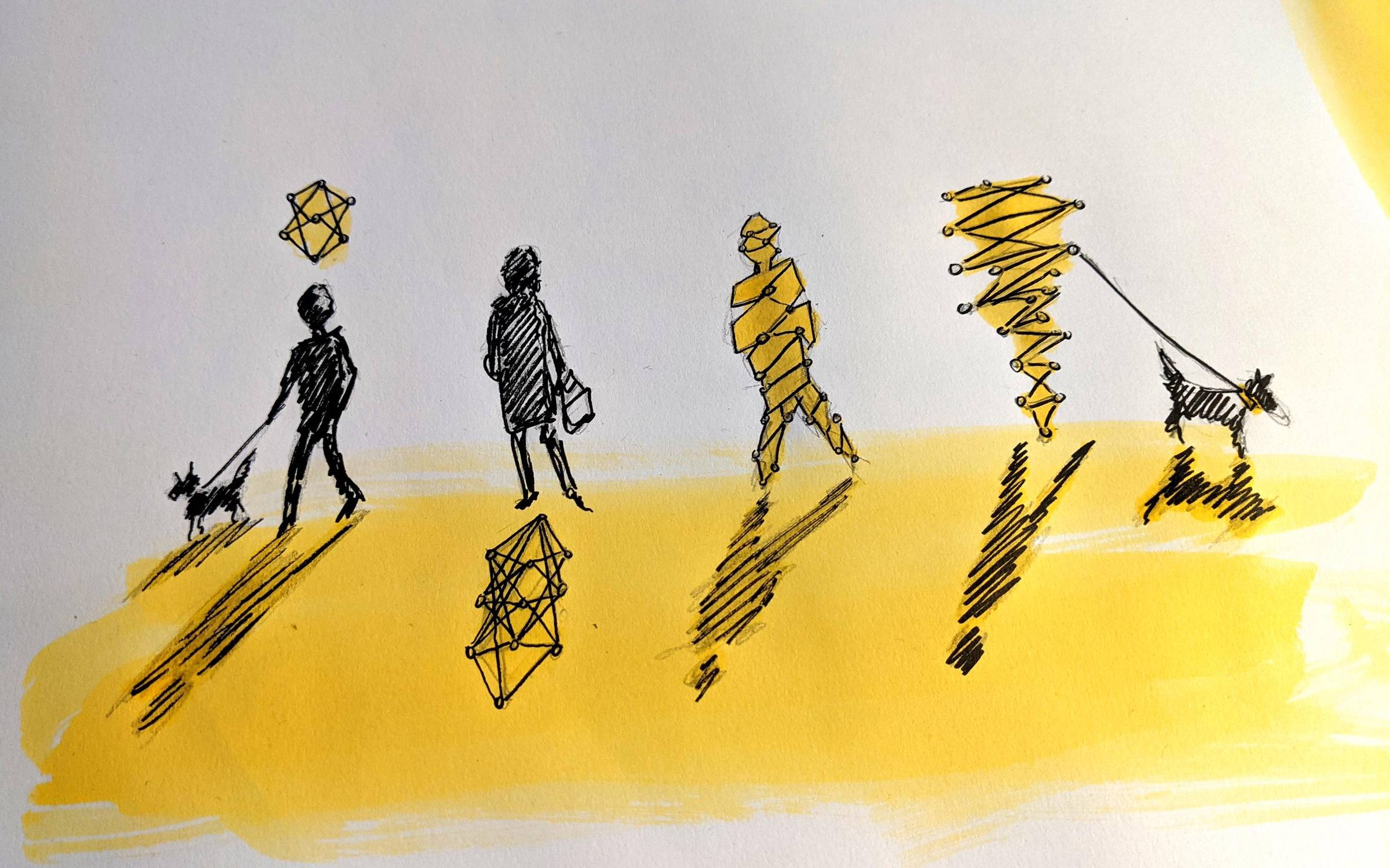 A watercolour illustration in two strong colours showing the silhouettes of four people, two of whom have dogs on leads. They all cast shadows, and vary between realistic representations and those formed by representations of algorithms, data points or networks. The people and their data become indistinguishable form each other.