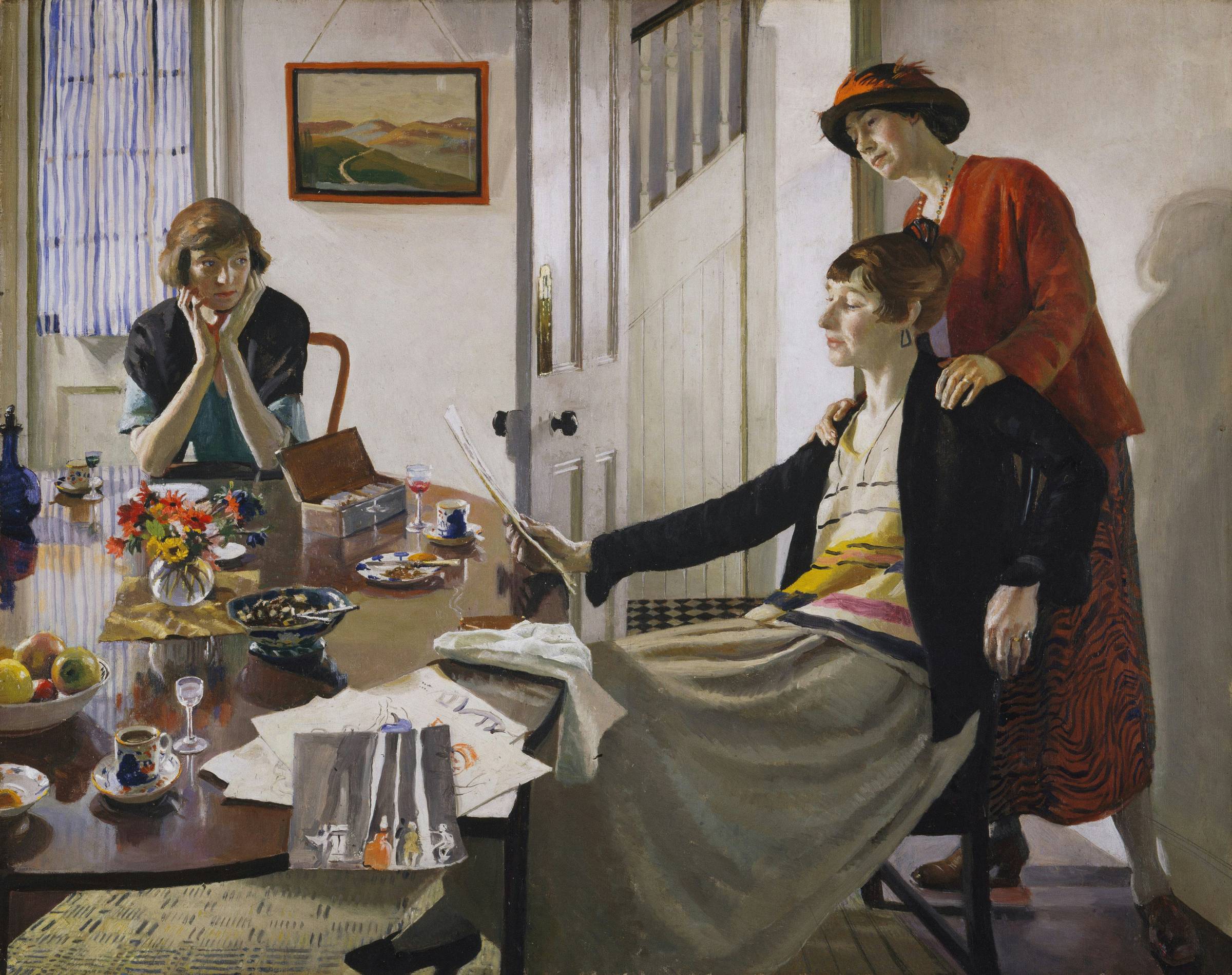 Painting of three women in intense discussion by British artist, Harold Harvey, "The Critics", 1922, Birminham Museums Trust.