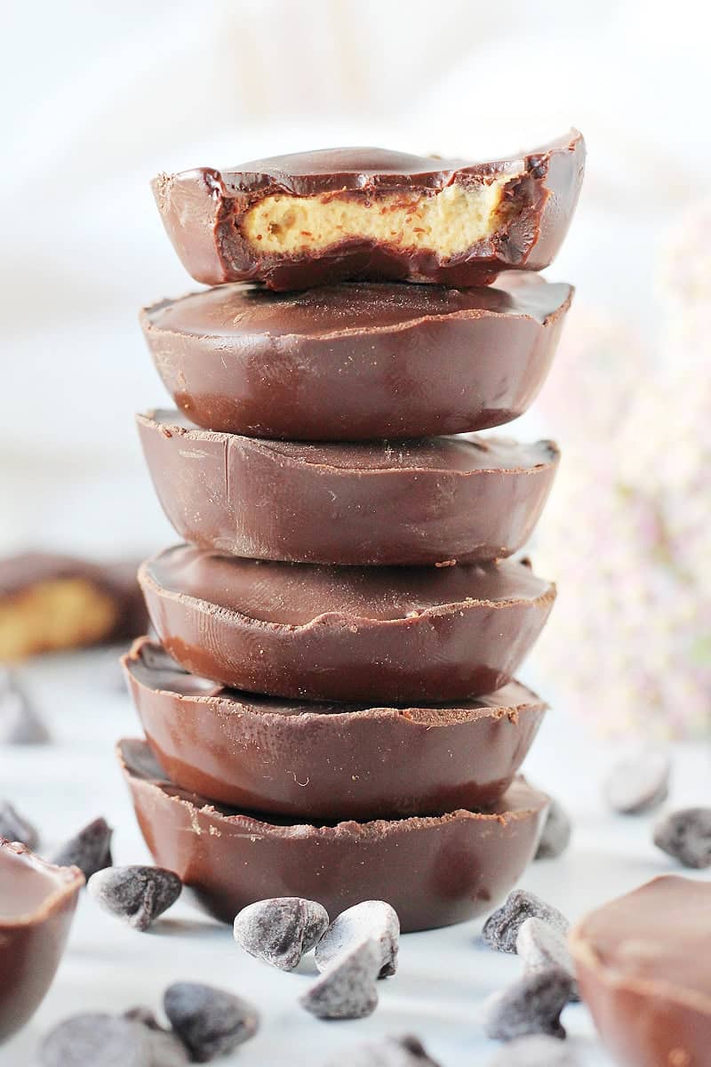 A stack of protein reese's cups. 