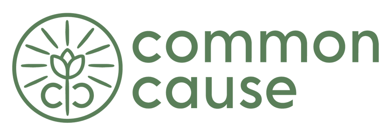 Logo is a green tulip flower with nine green sun rays coming out of it.  It is surrounded by a green circle.  To the right are the words Common Cause in green sans serif text.