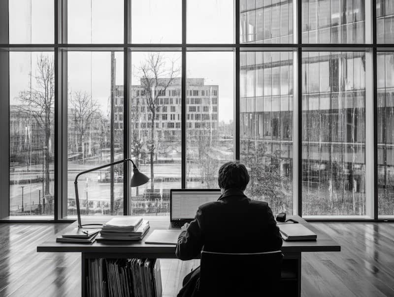 A person sitting at a desk in front of a window