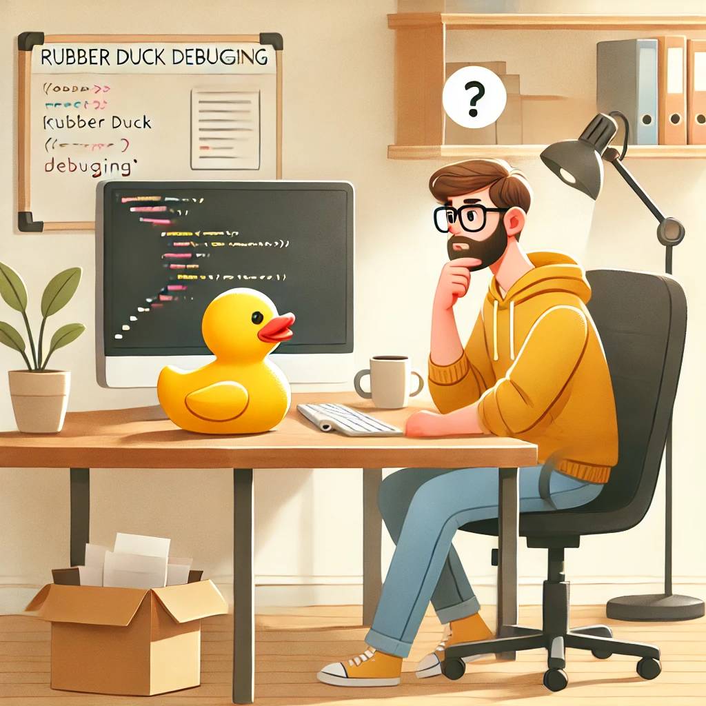 Generative AI image of a programmer consulting with a rubber duck.