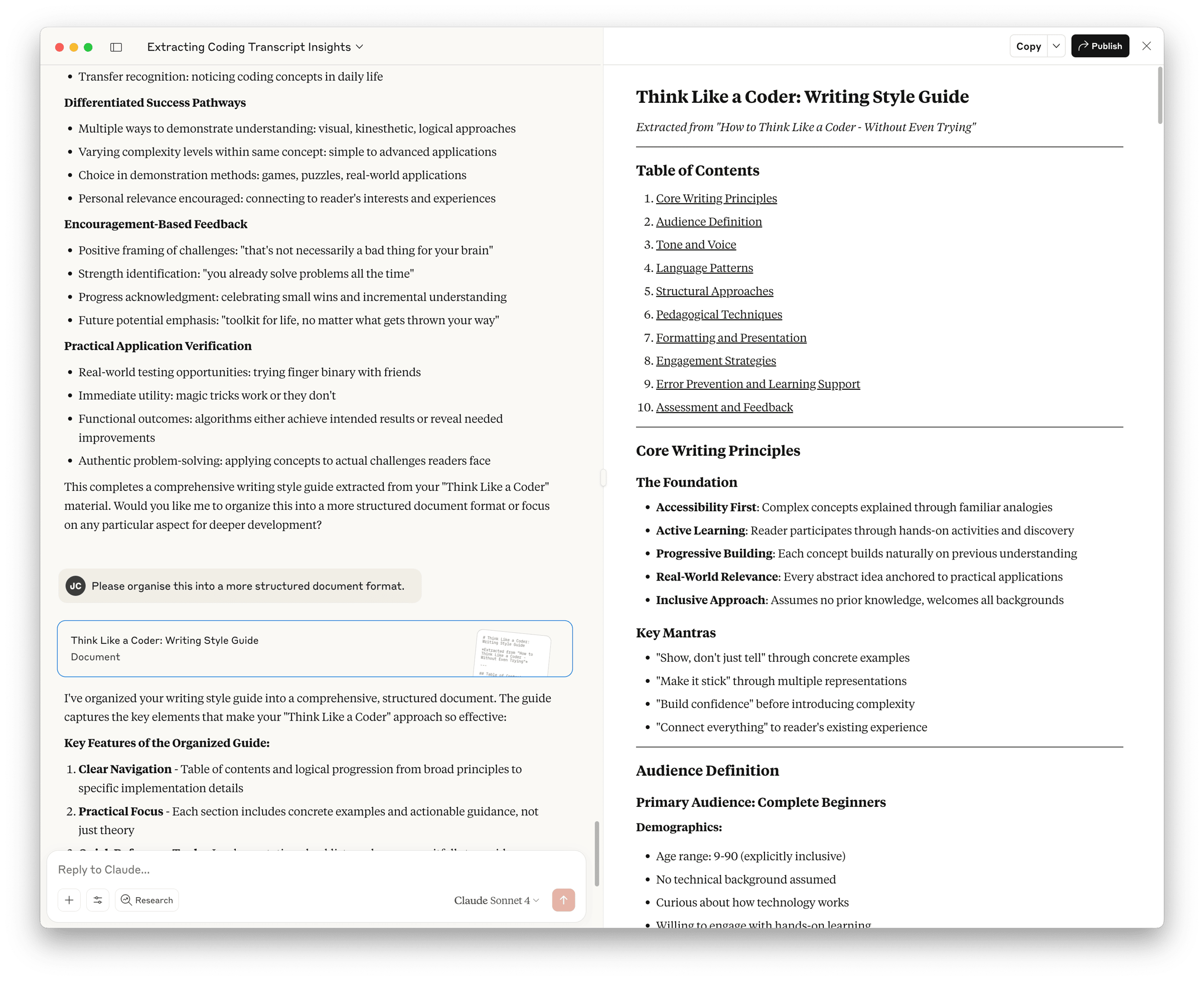 Screenshot of Claude helping me create a style guide for my writing.