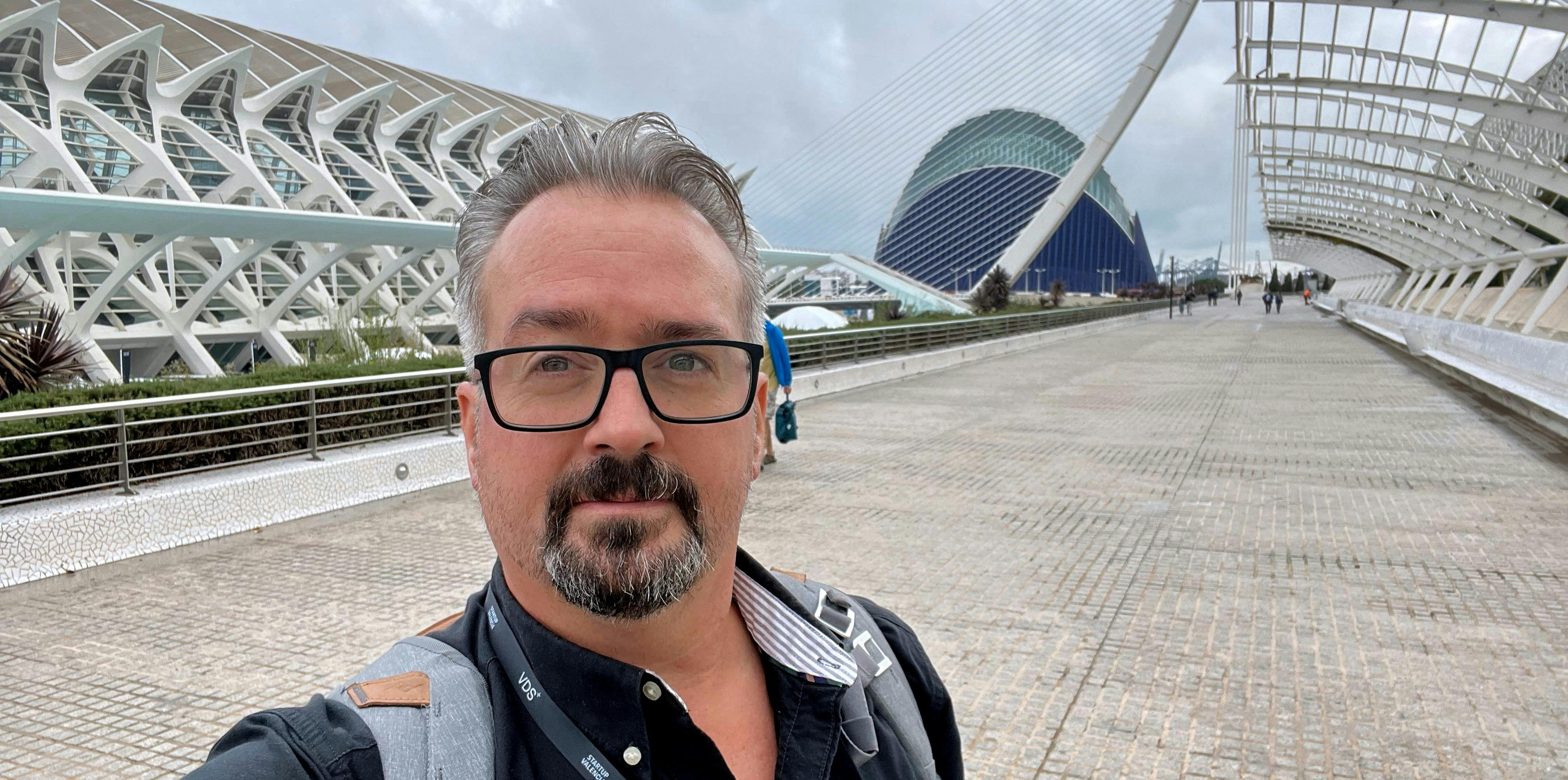 Jim Christian standing under the Umbracle at the Valencia City of Arts and Sciences