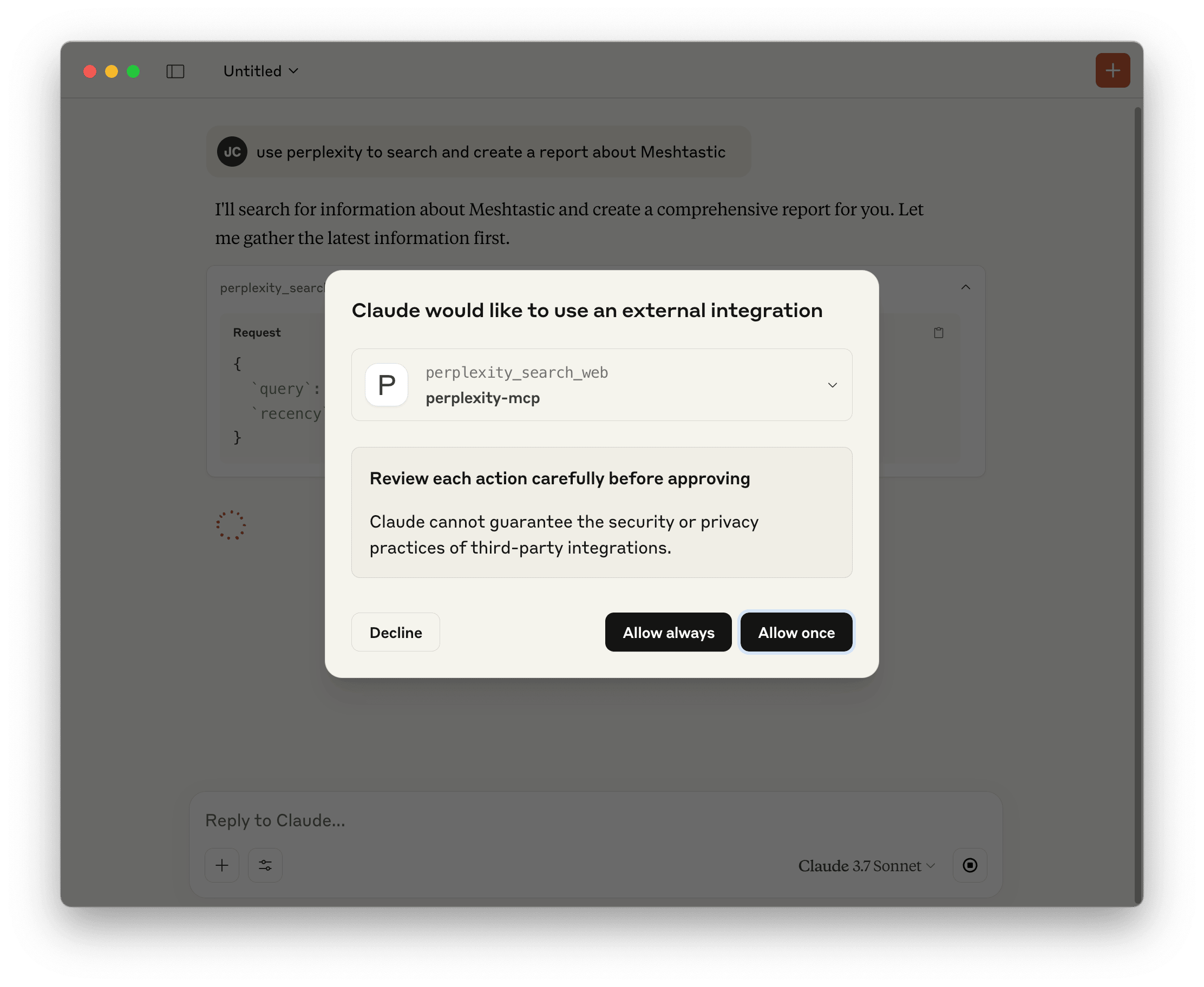 Screenshot of Claude asking to use an external integration