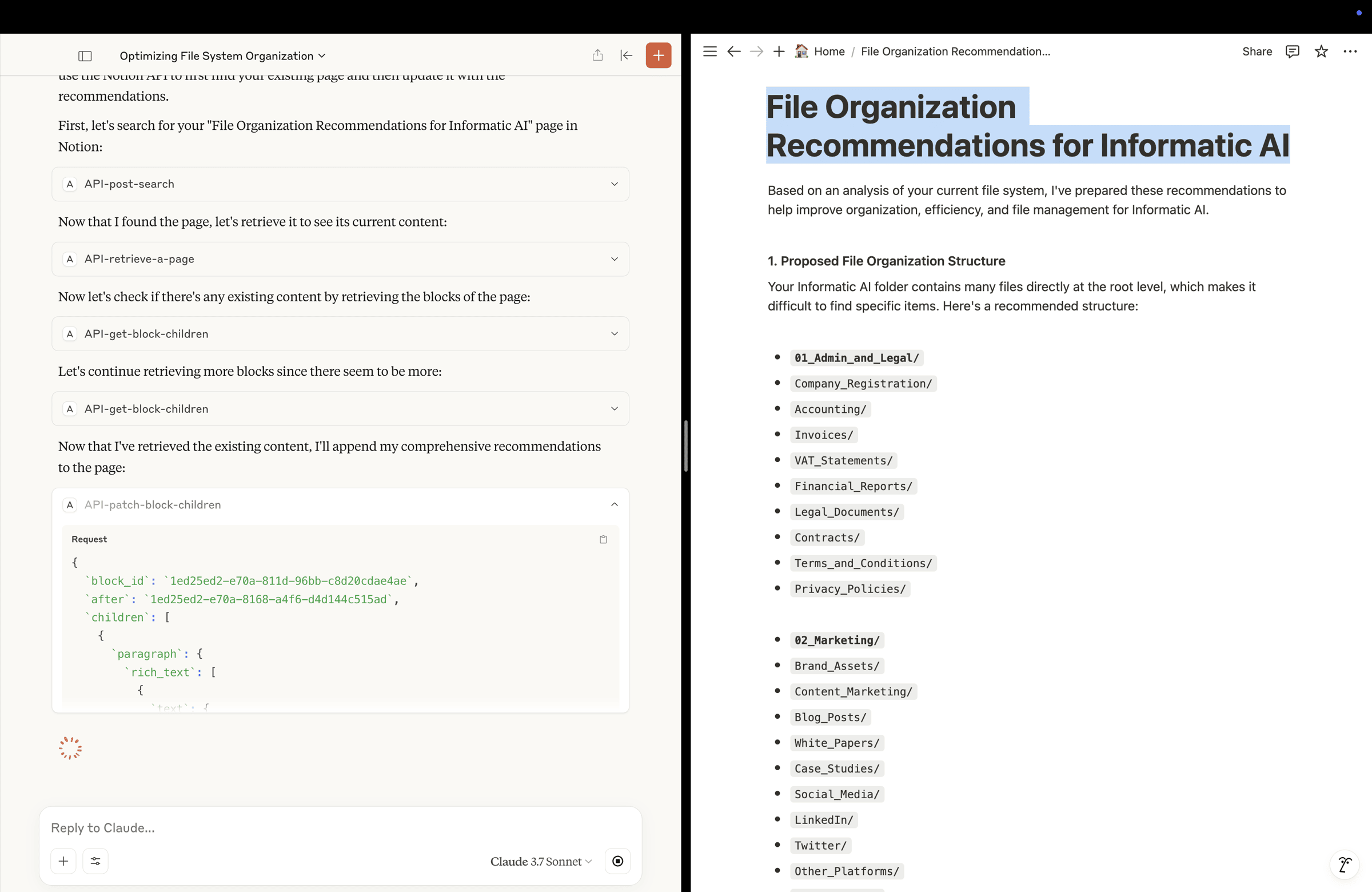 Screenshot of Claude, left and Notion, Right